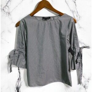 Banana Republic Shirt Women’s XS Blue White Striped Cotton Blouse Tie Sleeve Top